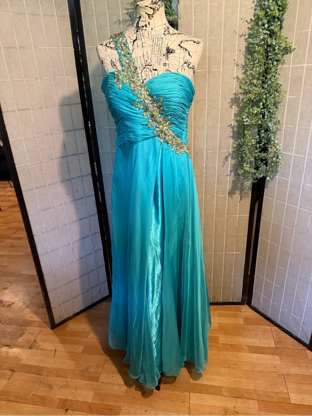 Coya Chiffon Embellish Jewel Formal Evening Turquoise One-Shoulder Beaded Gown